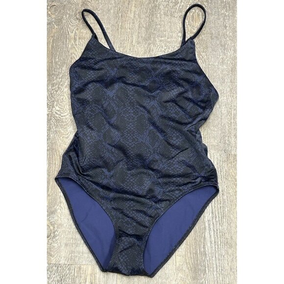 Athleta Swim Skinny Strap One Piece Swimsuit Sz XS Animal Print Black Blue - Picture 1 of 11